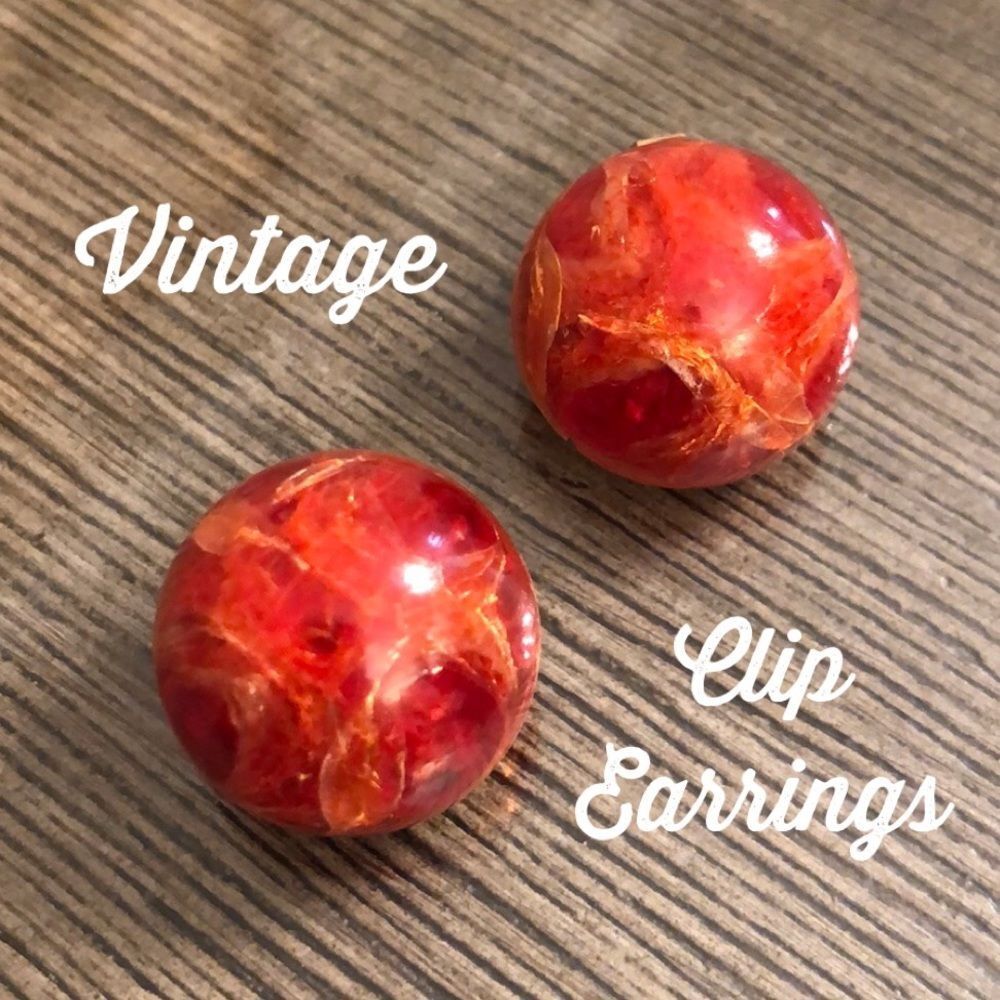 Vintage Orange Red Crackle Button Clip Earrings